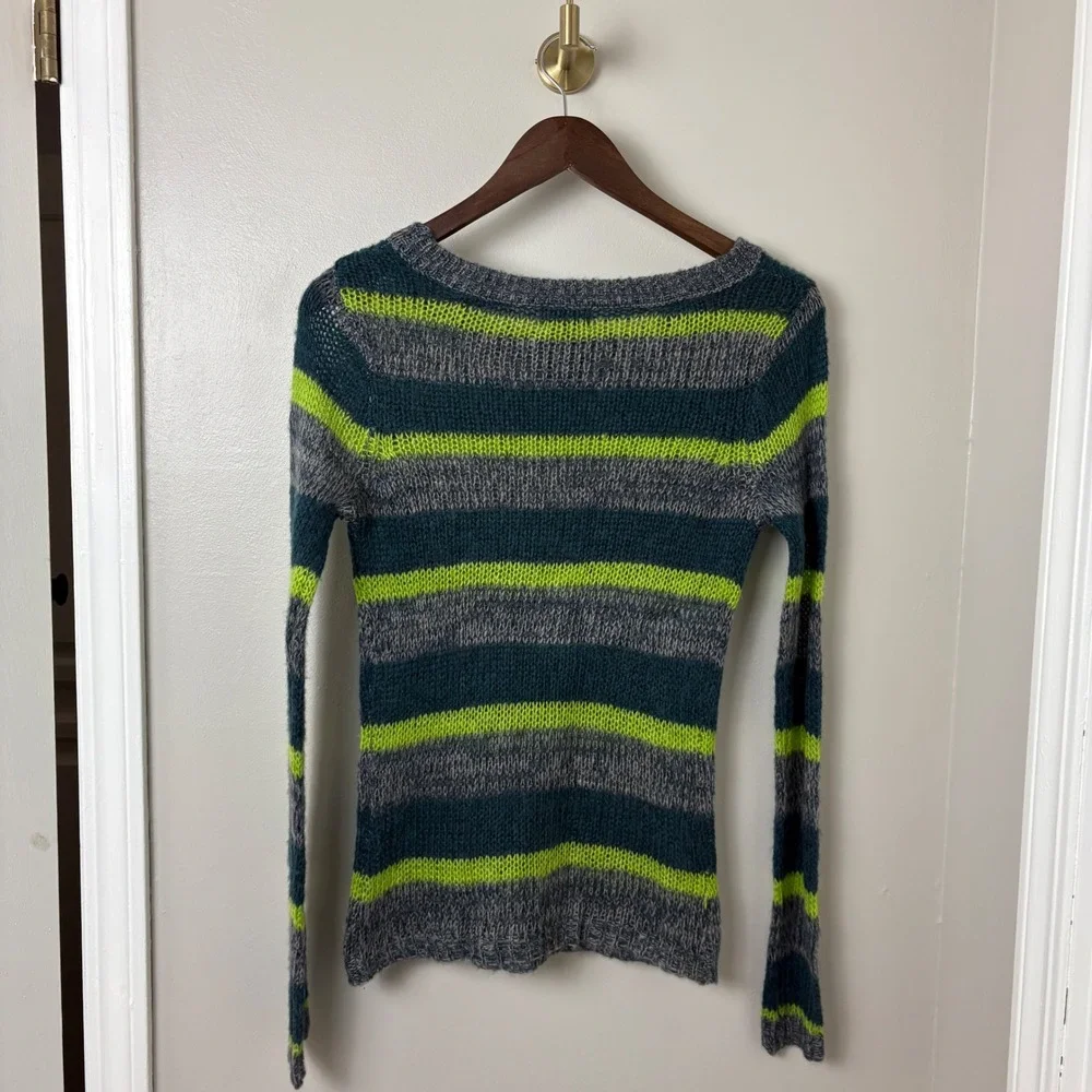 Vintage Y2K Sweater Bella Swan Green Gray‎ Stripe Womens XS Long Sleeves Knit